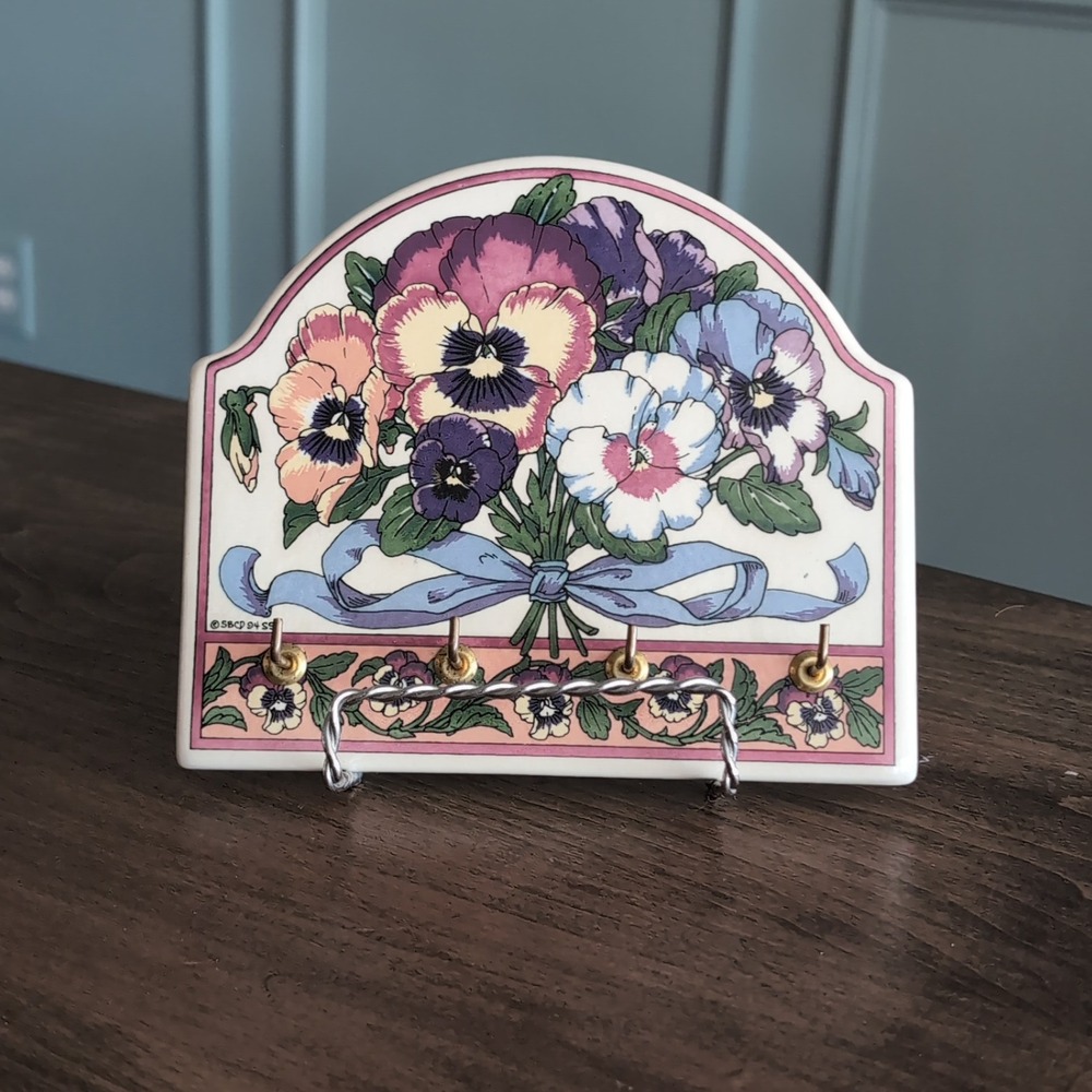 Vintage Santa Barbara Ceramic Design Key Rack Pansy Floral 1997 Cottagecore 90s